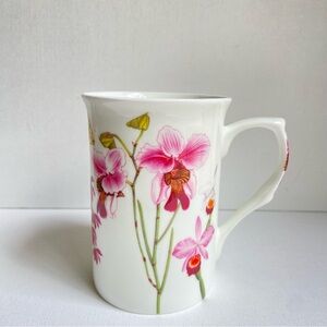 Stechcol Gracie pink orchids floral on white coffee or tea mug bone china 10 oz